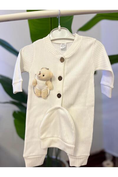 yaman kids Teddy Bear Detailed Baby Jumpsuit with Hat