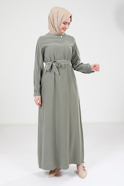 Beyza Λεπτομερές Χακί Φόρεμα Piping 9383
