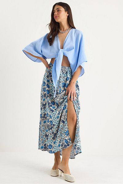 Bianco Lucci Women's Floral Patterned Cotton Skirt with Elastic Waist and Slit Detail 6689 60283412