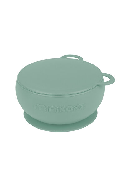 MinikOiOi Miska Minikoioi s přísavkou a víčkem, 100% prémiový silikon – River Green