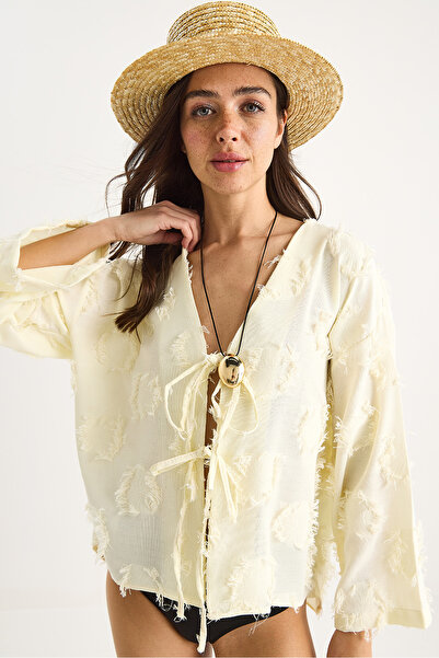 Bianco Lucci Women's Front Tie Self Embroidery Tassel Casual Kimono 7012-2 60283410