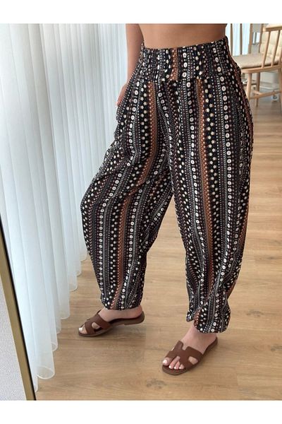 Butik Pantaloni largi, cu talie înaltă, cu imprimeu etnic, pentru femei