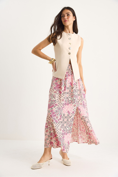 Bianco Lucci Fusta de damă din bumbac cu model floral, talie elastică, cu detaliu de fantă 6689 60283412