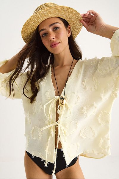 Bianco Lucci Women's Front Tie Self Embroidery Tassel Casual Kimono 7012-2 60283410