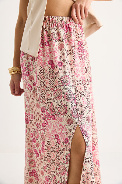 Bianco Lucci Fusta de damă din bumbac cu model floral, talie elastică, cu detaliu de fantă 6689 60283412