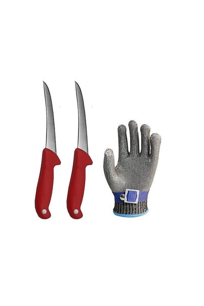 Globalport Retail Professional butcher set: 2 Red boning knives + anti-cut glove L, stainless steel mesh