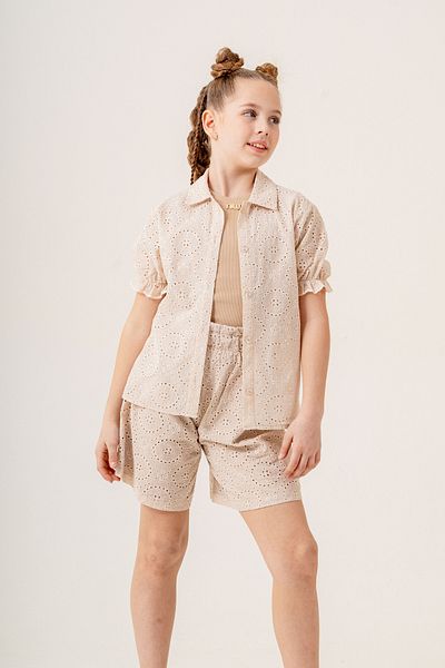 GİYİCEM TEKSTİL Girl's Scalloped Short Sleeve Shirt Double Suit 1812