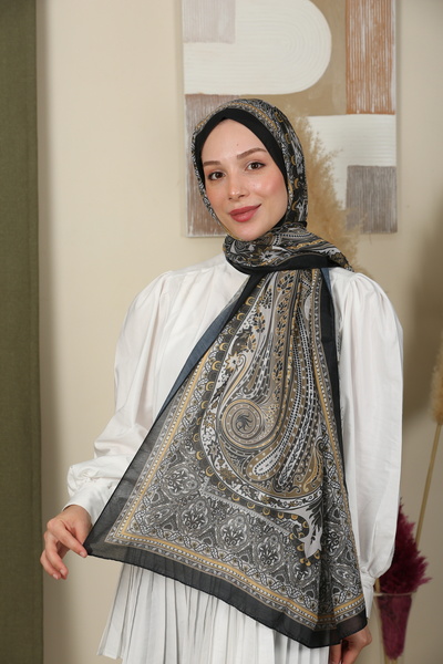moda camiya Retro Etnik Desen Şal Renk'' Siyah Hardal '' Pamuk Viskon -EN&BOY 70x180