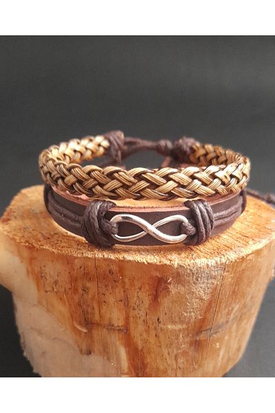 AB Takı 2-Piece Fashion Genuine Leather Bracelet with Infinity Figure