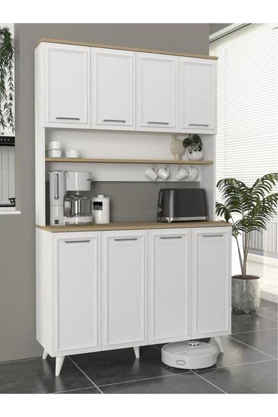 Dekorister Potter 4 Kapaklı Mutfak Dolabı Kahve Köşesi Çok Amaçlı Dolap Beyaz - Rota 120 Cm