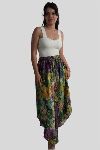 Miss Boheme Green Color Gold Detailed Silk Long Skirt