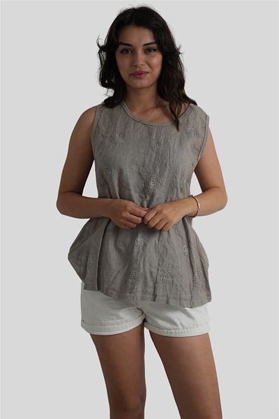 Miss Boheme Gray Embroidery Detailed Thick Strap Linen Blouse