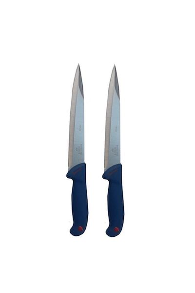 Globalport Retail Set of 2 professional stabbing knives, double-edged blade, stainless steel, 34 cm, blue handle