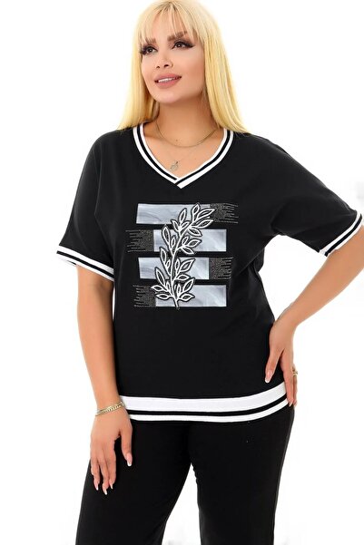 Kheos Σετ με λαιμόκοψη V με κοντό μανίκι μπλοκ με πέτρα με στάμπα με κορδόνι μέσης και ελαστικές διπλές τσέπες Άνετο κοστούμι σε στυλ