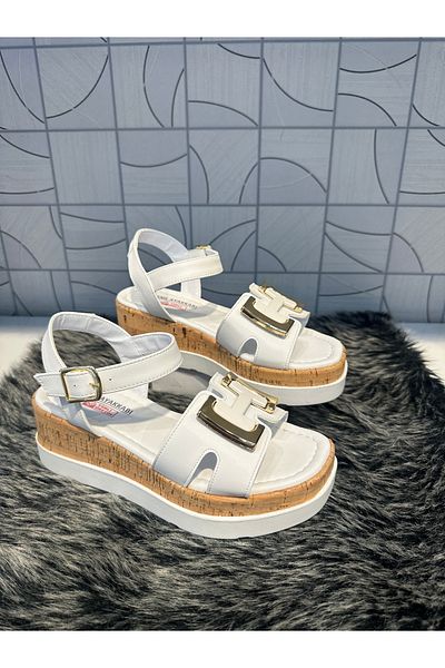 Anıl Ayakkabı Castle 35182 White H Buckle Detail Cork Wedge Heel Laced Daily Orthopedic Sandals Shoes
