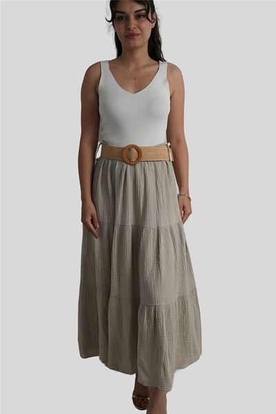 Miss Boheme Beige Color Muslin Belted Skirt