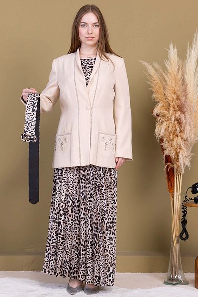 lodmela Set triplu cu jachetă cu model leopard 4715-bej