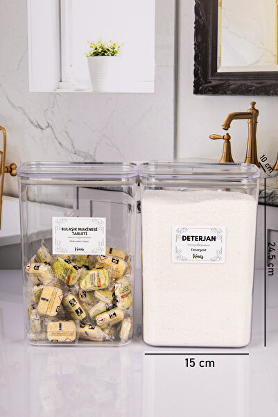 naturelove 2 Adet Vakumlu Kapaklı Tablet ve Toz Deterjan Etiketli Kutu Akrilik 3 Litre