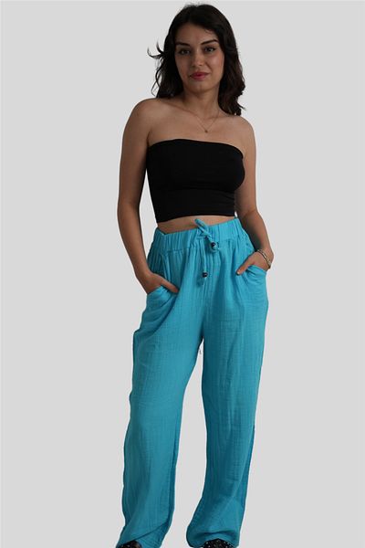 Miss Boheme Turquoise Elastic Waist Muslin Trousers