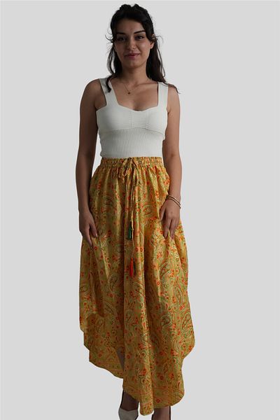 Miss Boheme Yellow Color Gold Detailed Silk Long Skirt