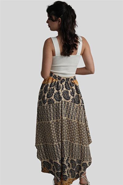 Miss Boheme Beige Color Gold Detailed Silk Long Skirt