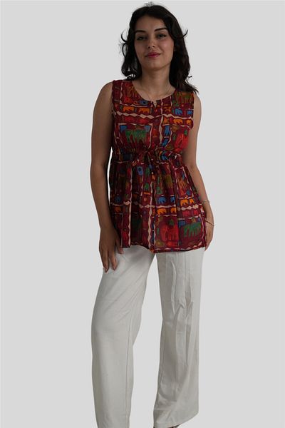 Miss Boheme Red Elephant Patterned Bohemian Blouse