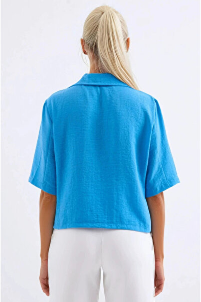 hazelin Jachetă de in sezon pentru femei, albastră, cu mânecă scurtă, cu guler șal, cu nasturi, HZL24S-BD107061