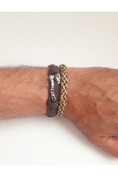 AB Takı 2-Piece Fashion Genuine Leather Bracelet with Axe Figure