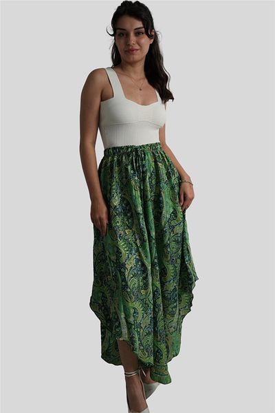 Miss Boheme Green Color Gold Detailed Silk Long Skirt