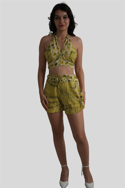 Miss Boheme Green Gold Detailed Silk Shorts Crop Set