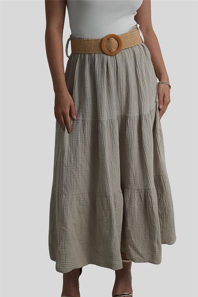 Miss Boheme Beige Color Muslin Belted Skirt