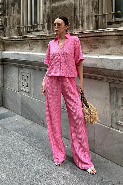 Swist Pink Polo Collar Crop Pants Women's Wrinkle Bottom Top Set