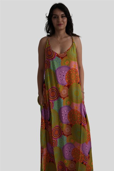 Miss Boheme Orange Floral Patterned Strap Bohemian Dress