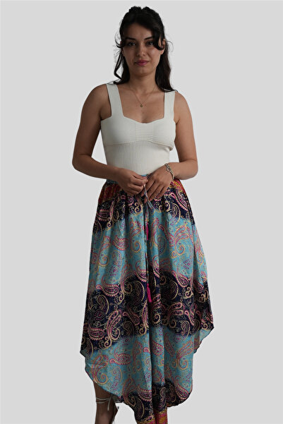 Miss Boheme Turquoise Color Gold Detailed Silk Long Skirt