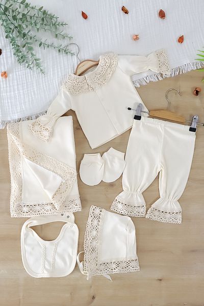 Sitilin Baby Girl Natural Cotton Fabric 6-Piece Lace Luxury Blanket Hospital Release Bodysuit Set Stl7018