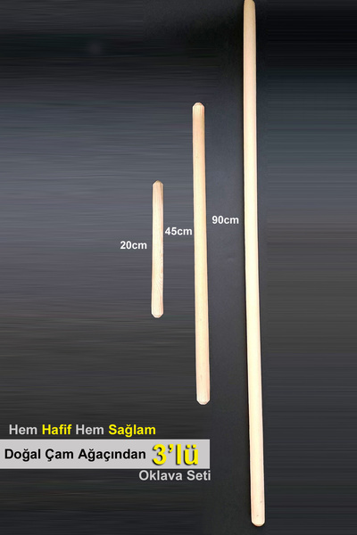 Bundera %100 Doğal Çam Ağacından 3'lü Ahşap Oklava Seti Hafif Hamur Açma Şekillendirme Oklavası Merdane