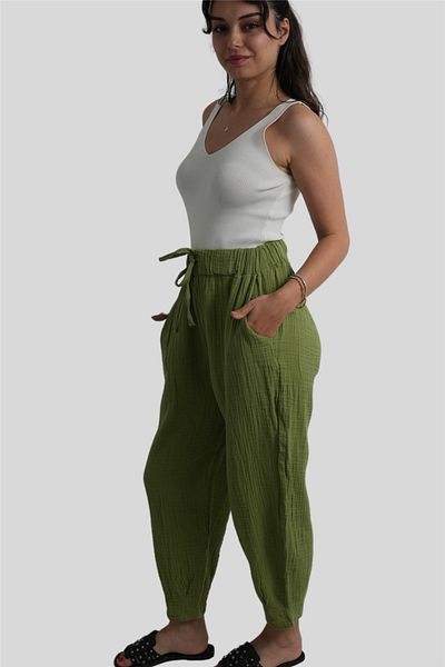 Miss Boheme Green Elastic Waist Muslin Trousers