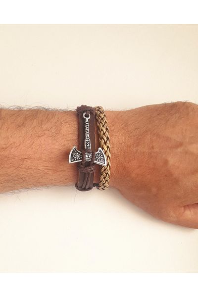 AB Takı Valknut Axe Figured 2-Piece Fashion Genuine Leather Bracelet
