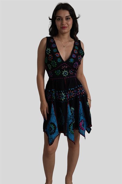 Miss Boheme Black Color Embroidered Thick Strap Pink-Orange Daisy Asymmetric Cut Dress