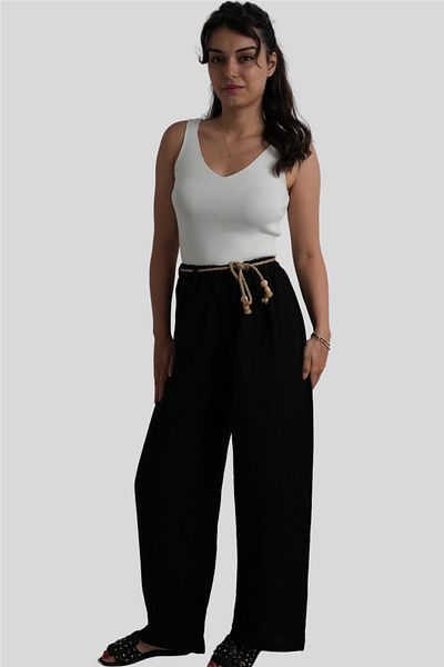 Miss Boheme Black Muslin Trousers with Elastic Waist Belt Detail