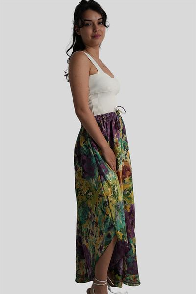 Miss Boheme Green Color Gold Detailed Silk Long Skirt