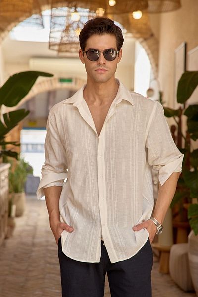 Livio Ferri Мъжка риза Yuji Self Patterned Linen Look от памук с голям размер