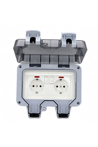 INNOVIX Outdoor Double Socket, Eu Standard, 250v/16a, Ip66 Waterproof, Dual Switches, Grey