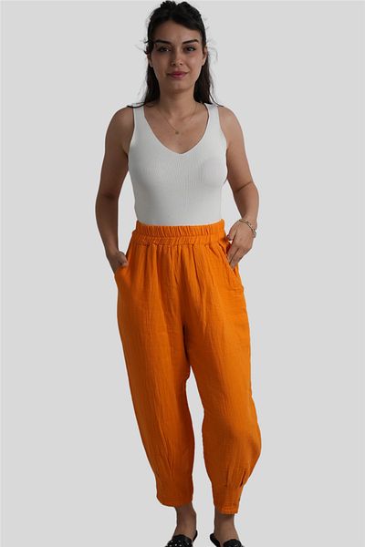 Miss Boheme Orange Elastic Waist Muslin Trousers