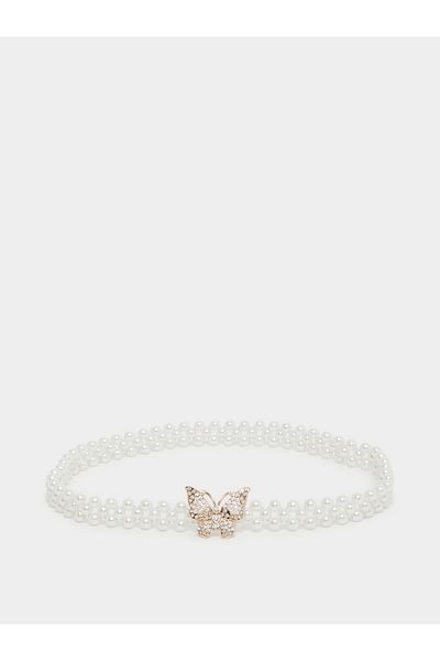 Styli Women Faux Pearl Embellished Butterfly Buckle Belt