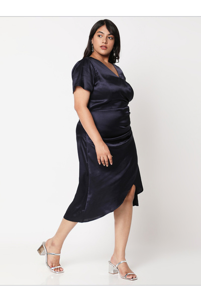 Mish By Styli Solid Satin Wrap V-Neck Dress with Pleated Detail