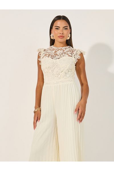 Styli Lace Insert Frill Detail Pleated Wide Leg Jumpsuit