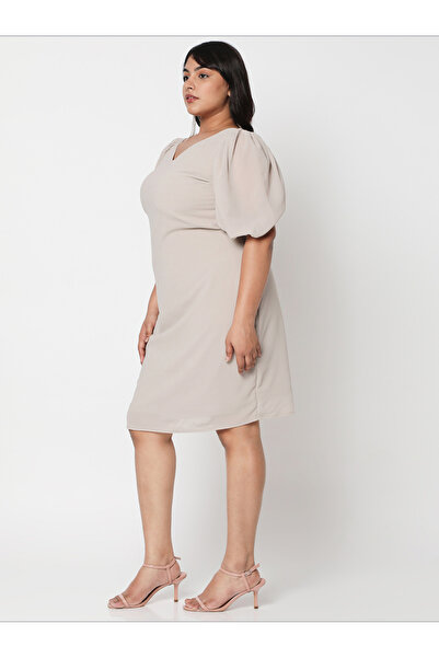 Mish By Styli Solid Wide V Neck Puff Sleeve Dress