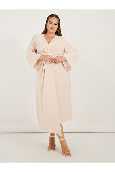 Styli Plus Size Solid Long Sleeves Wrap Front Midi Dress