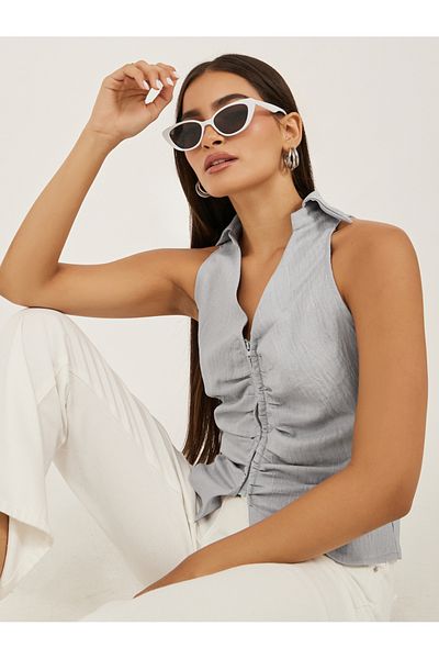 Styli Sleeveless Spread Collar Shirt with Ruched Details